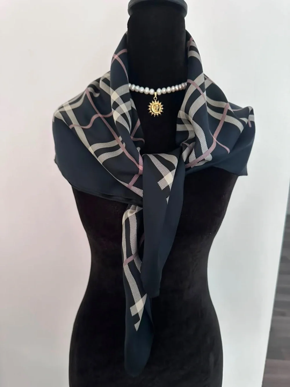 Burberry Silk Scarf Black Hand Rolled Made in England